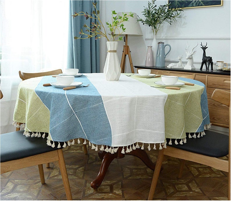 Dimatic Heavy Weight Cotton Linen Tablecloth, Plaid Tassel Round Table Cover for Kitchen Dining Room Tabletop Decorations, Round - 78", Blue Green - Image 2